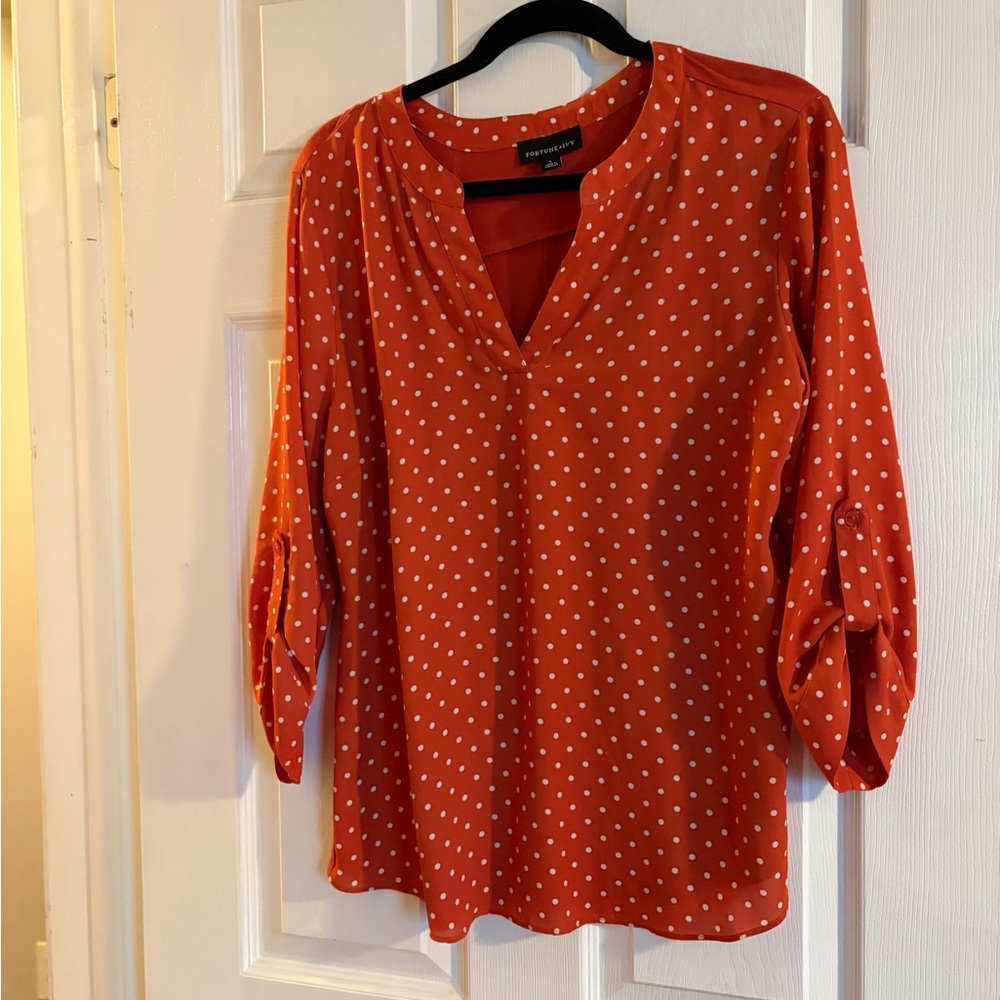 Fortune & Ivy Chic Orange Polka Dot Blouse